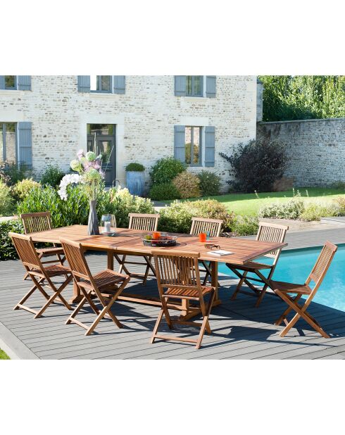 Ensemble 1 table rectangulaire + 8 chaises Java Maeva teck - 200/300x120x75 cm