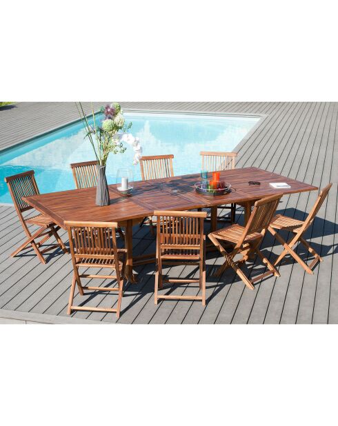 Ensemble 1 table rectangulaire + 8 chaises Java Maeva teck - 200/300x120x75 cm