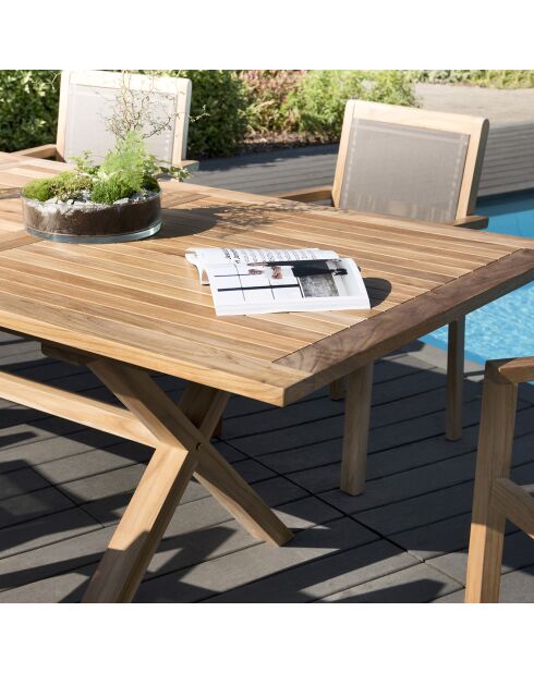 Set 1 ausziehbarer Esstisch+6 Stühle aus Textilen in Teakholz Fun Taupe — 180/240x100x75 cm