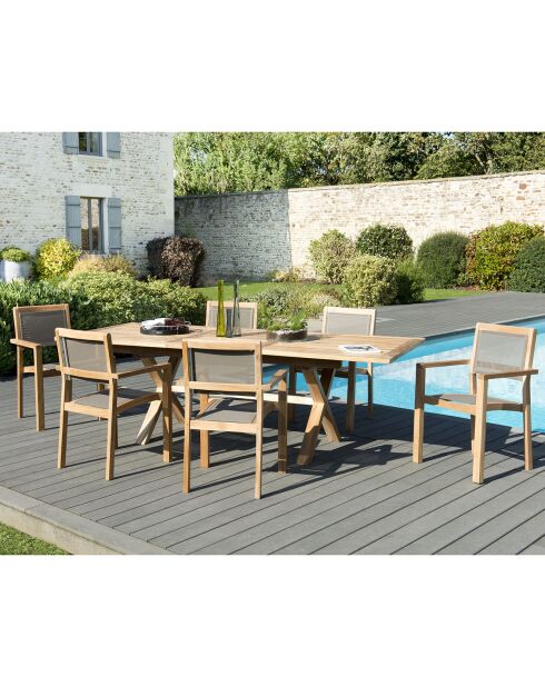 Ensemble 1 table à manger extensible + 6 fauteuils textilène en teck Fun taupe - 180/240x100x75 cm