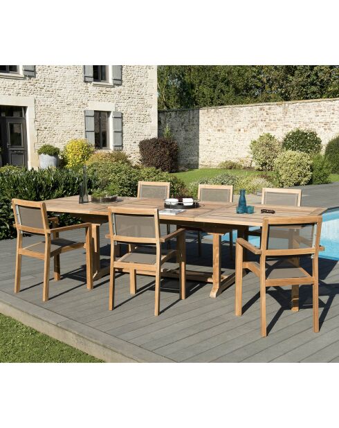 Set de 1 mesa de comedor y 6 sillones textilene de teca Fun taupe, 200/300 x 120 x 75 cm