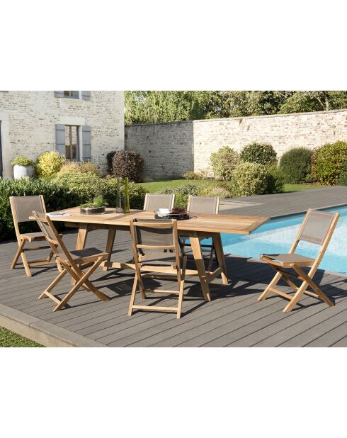 Set 1 eettafel + 6 textilene klapstoelen in teakhout Fun taupe - 180/240x100x75 cm