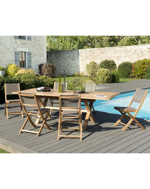 Set 1 eettafel + 6 textilene klapstoelen in teakhout Fun taupe - 180/240x100x75 cm