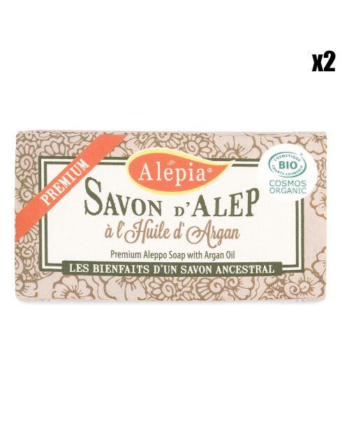 2 premium Aleppo-zepen met hydraterende biologische arganolie - 2x125 g
