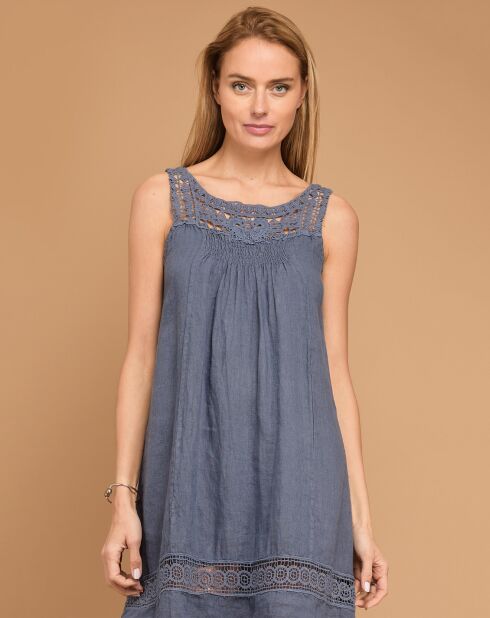 Robe 100% Lin Ivana à dentelle marine