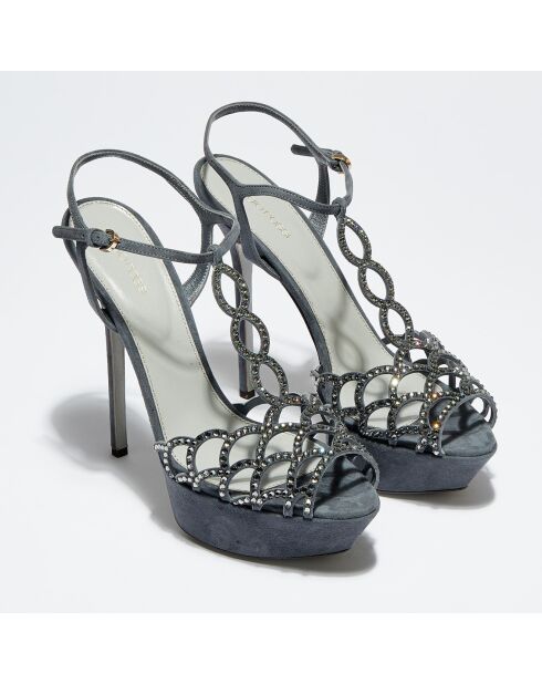 Sandales en Velours de Cuir Diamond strassées bleu gris Talon 14.5 cm