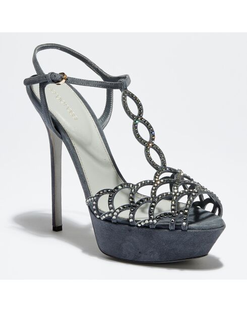 Sandales en Velours de Cuir Diamond strassées bleu gris Talon 14.5 cm