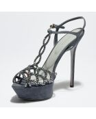 Sandales en Velours de Cuir Diamond strassées bleu gris Talon 14.5 cm