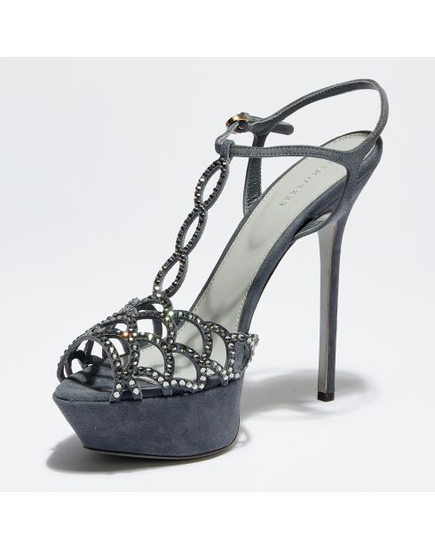 Sandales en Velours de Cuir Diamond strassées bleu gris Talon 14.5 cm