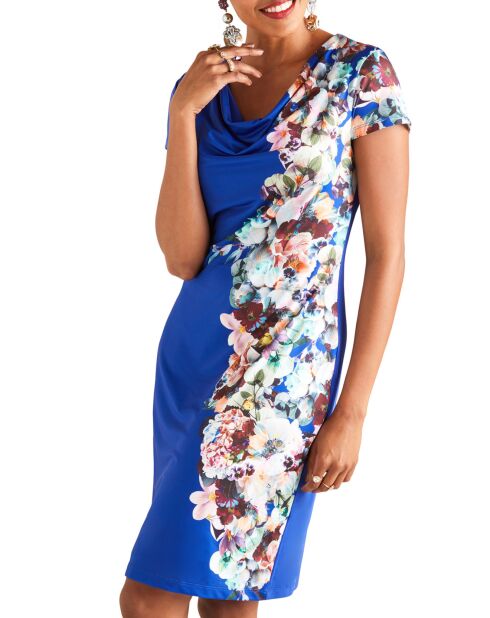 Robe col châle fleurie bleue