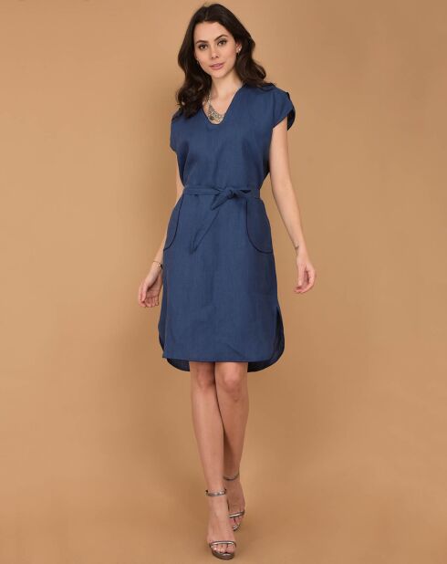 Robe 100% Lin fendue bleue