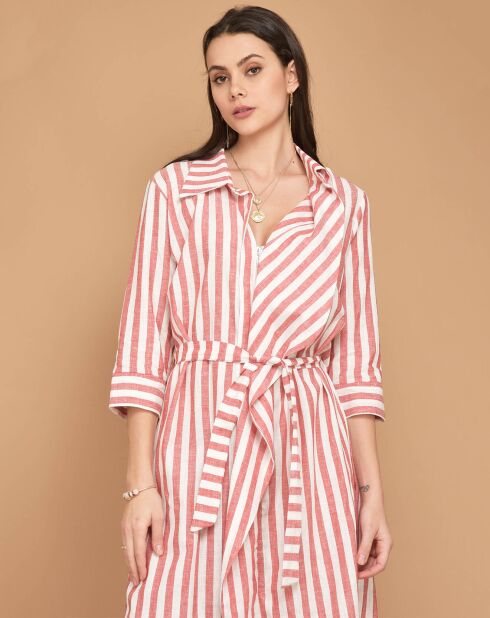 Robe rayée col chemisier rouge