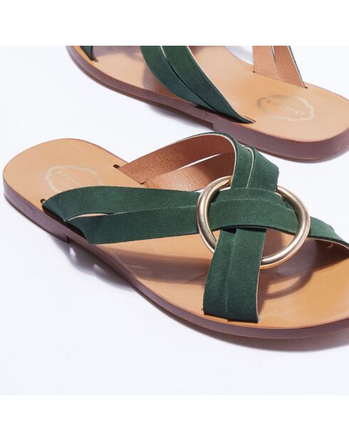 Waldgrüne Pantoletten aus Samt aus Leder