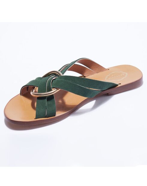 Waldgrüne Pantoletten aus Samt aus Leder