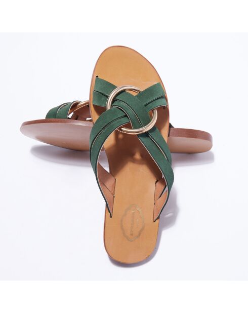 Waldgrüne Pantoletten aus Samt aus Leder