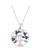 Pendentif Arbre à fleurs Diamants 0.02 ct Saphirs 0.72 ct Rhodolites 0.36 ct & Emeraudes 0.16 ct or blanc