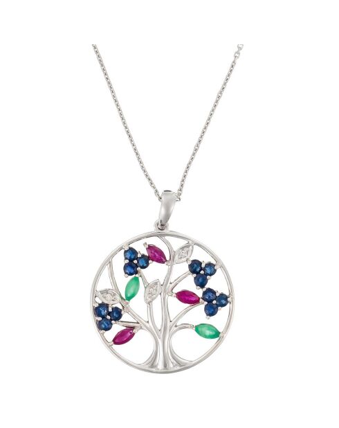 Pendentif Arbre à fleurs Diamants 0.02 ct Saphirs 0.72 ct Rhodolites 0.36 ct & Emeraudes 0.16 ct or blanc