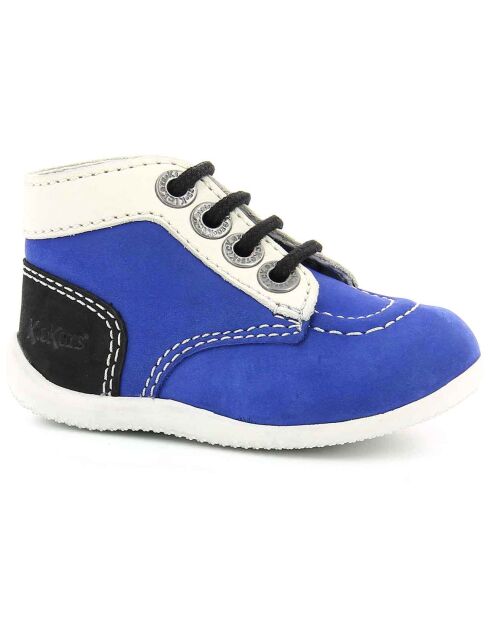 Bottillons Bébé en Velours de cuir bleu/blanc/noir