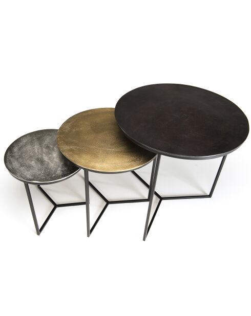 3 Tables gigognes rondes Jonas noir/doré/argenté - D.60xH.59.5 cm