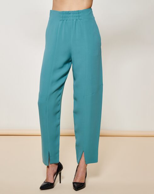 Pantalon fluide 100% Soie uni vert bleu