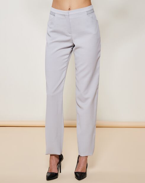 Pantalon coupe droite empiècement satiné gris clair