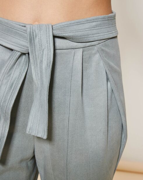 Pantalon texturé en Velours ceinture à nouer bleu/gris