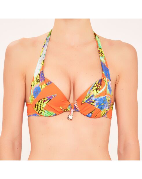 Orangefarbenes Badeanzugoberteil mit Muschelmuster