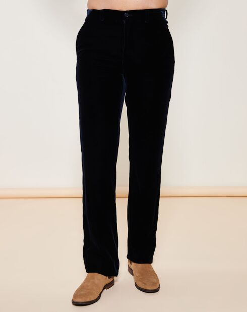 Pantalon coupe droite en velours bleu corbeau