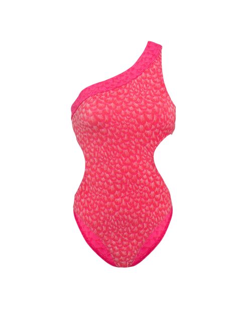 Maillot de Bain 1 Pièce asymétrique Je Te Plumerais imprimé rose