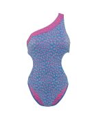 Maillot de Bain 1 Pièce asymétrique Je Te Plumerais imprimé bleu