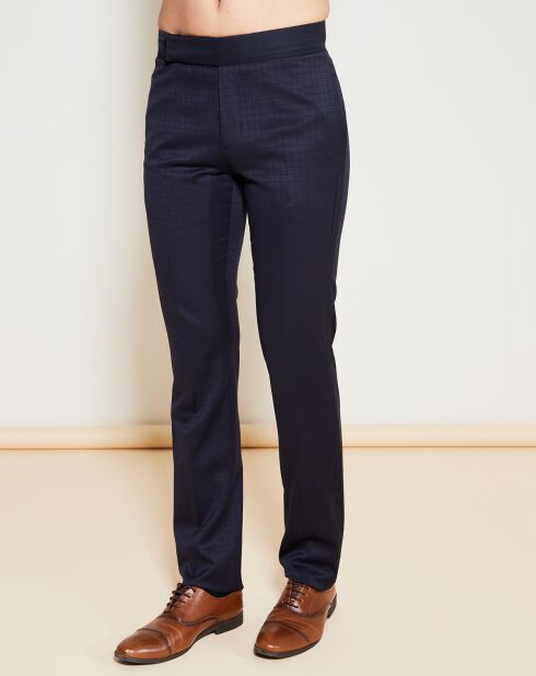 Marineblaue Hose aus Wolle und Seide mit Karomuster