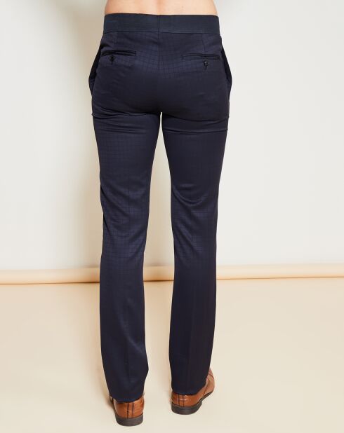 Pantalon en Laine & Soie mélangée carreaux ton sur ton marine