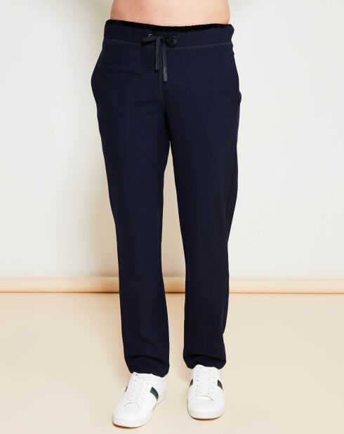 Pantalon Casual en Laine Vierge mélangée & lisérés en Velours marine/noir