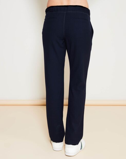 Pantalon Casual en Laine Vierge mélangée & lisérés en Velours marine/noir