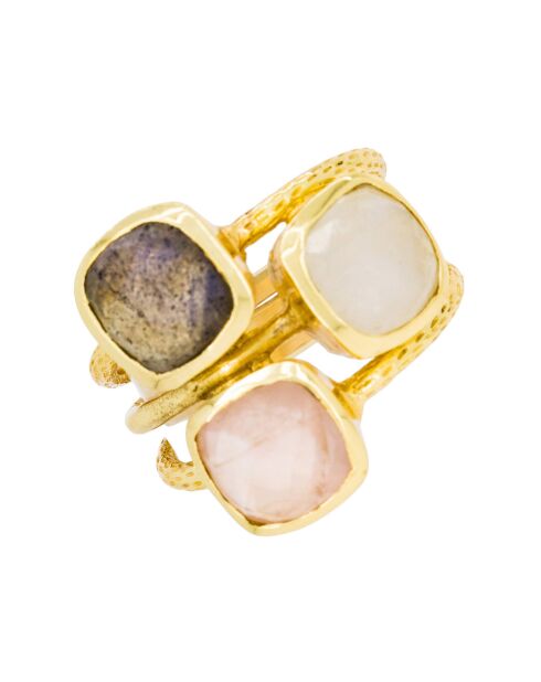 Bague Elsa Quartz, Labradorite et Cristal en laiton doré