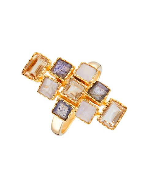 Bague Maya Labradorite grise & Pierre de lune en laiton doré