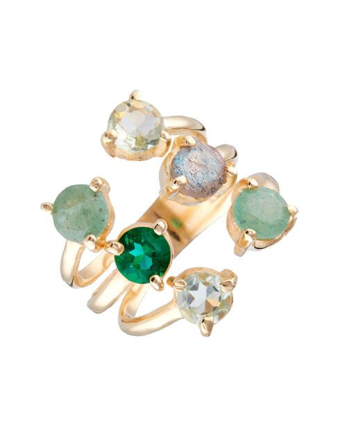 Bague ajustable Stella Labradorite, Aventurine & Améthyste en laiton doré