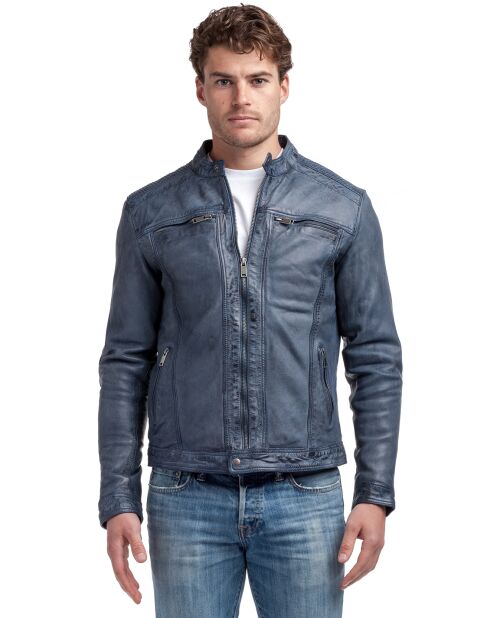 Veste en Cuir d'Agneau Omer bleue