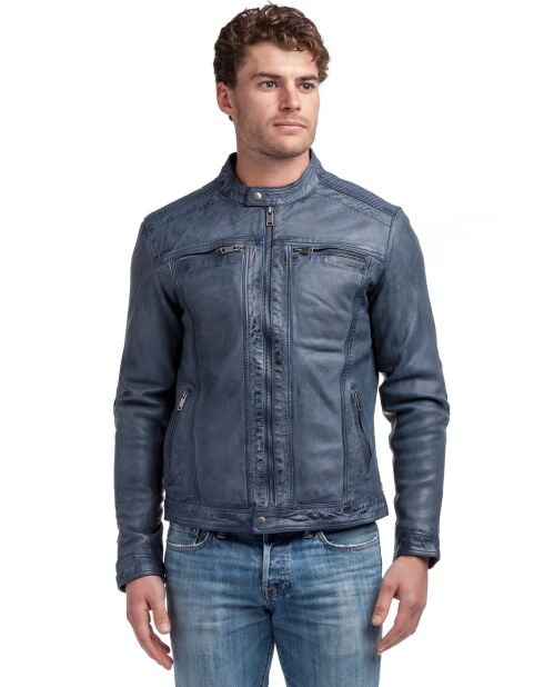 Veste en Cuir d'Agneau Omer bleue