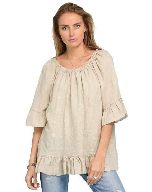 Top 100% Lin Debs brodé beige