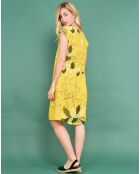 Robe courte droite 100% Lin Alycia imprimé floral jaune