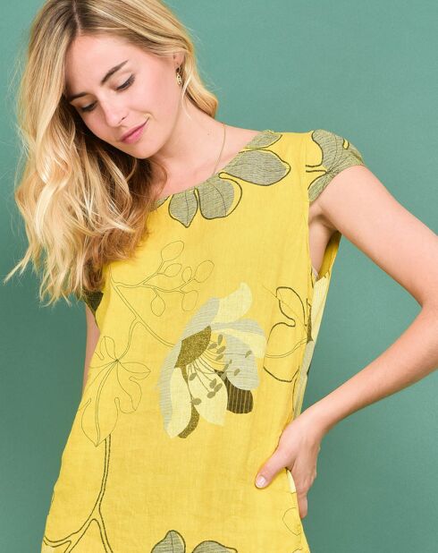 Robe courte droite 100% Lin Alycia imprimé floral jaune