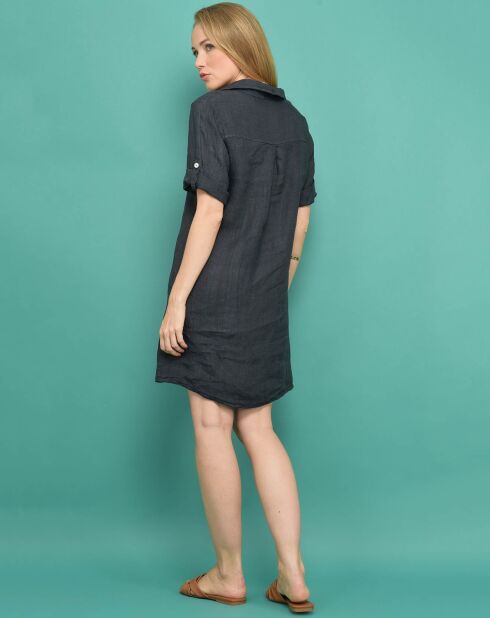 Robe courte 100% Lin  Augustine unie bleu marine