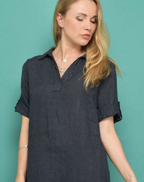 Robe courte 100% Lin  Augustine unie bleu marine
