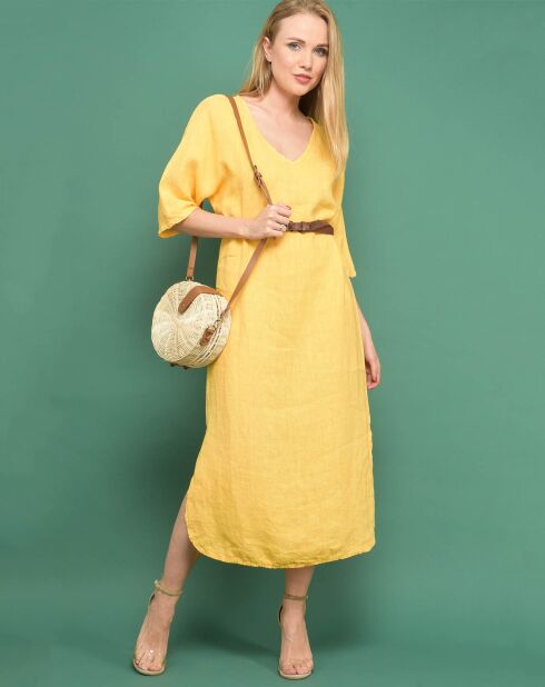 Robe longue 100% Lin  Aventurine unie jaune