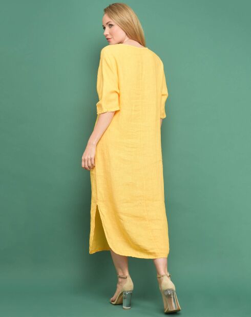 Robe longue 100% Lin  Aventurine unie jaune