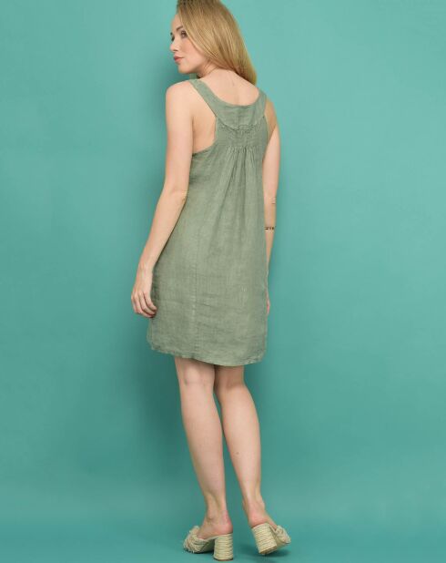 Robe courte brodée 100 % Lin Leopoldine verte
