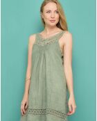 Robe courte brodée 100 % Lin Leopoldine verte