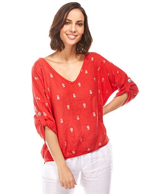 Blouse 100% Lin motifs ananas rouge