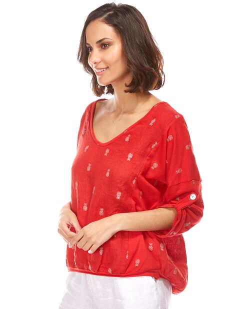 Blouse 100% Lin motifs ananas rouge